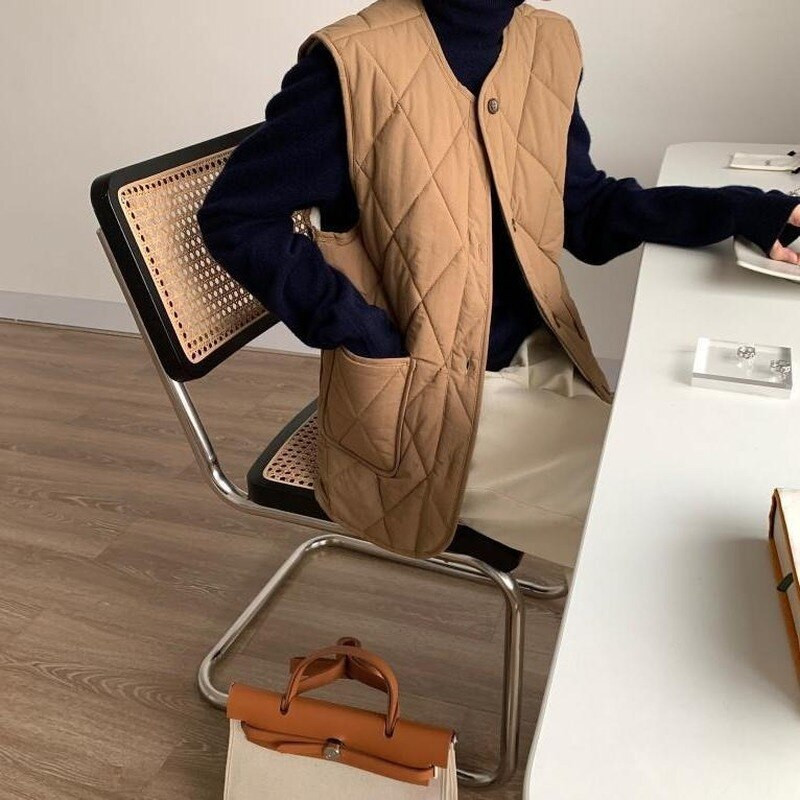 Φθινόπωρο Χειμώνας 2022 O λαιμός χαλαρό, βαμβακερό γιλέκο κορεατικό απλό vintage ανοιχτόχρωμο πουπουλένιο ζεστό γιλέκο