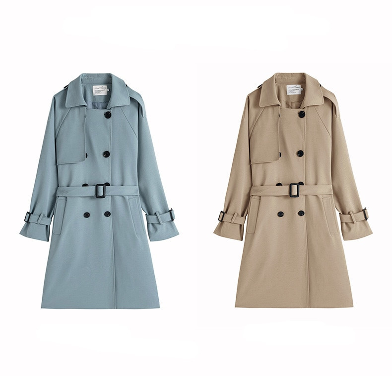 2021. Ženski trenč kaput s otvorenim ovratnikom Plavi dugi trenč Femme Ženski jesenski dugi kaput s remenom Ulična odjeća