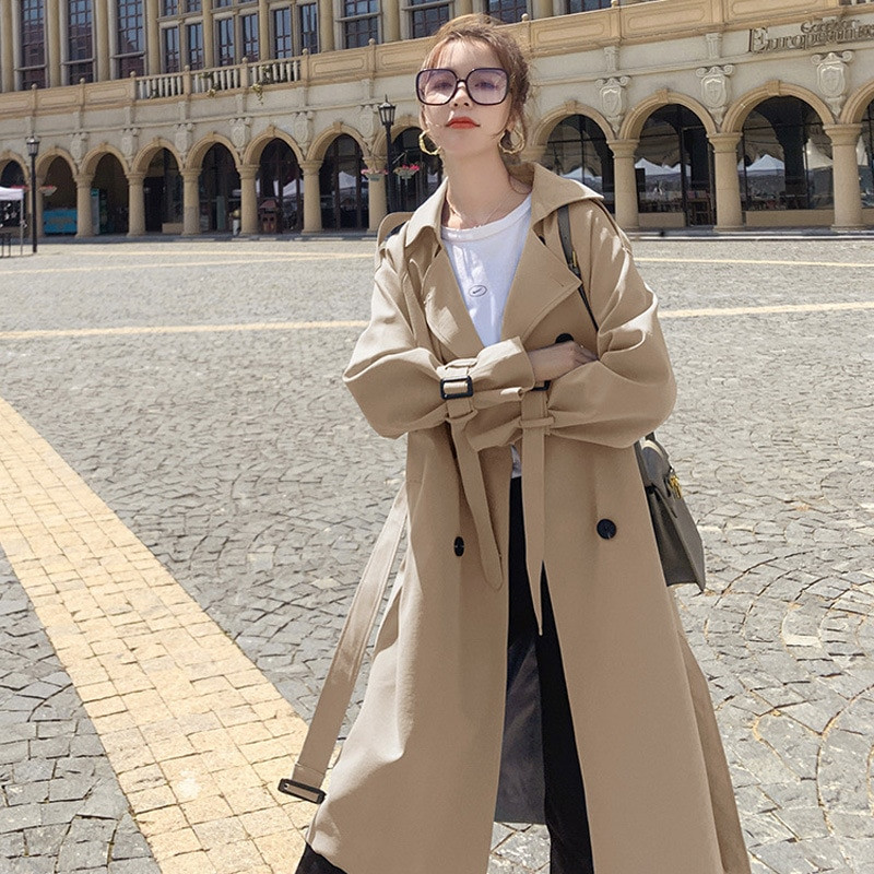 2021. Ženski trenč kaput s otvorenim ovratnikom Plavi dugi trenč Femme Ženski jesenski dugi kaput s remenom Ulična odjeća
