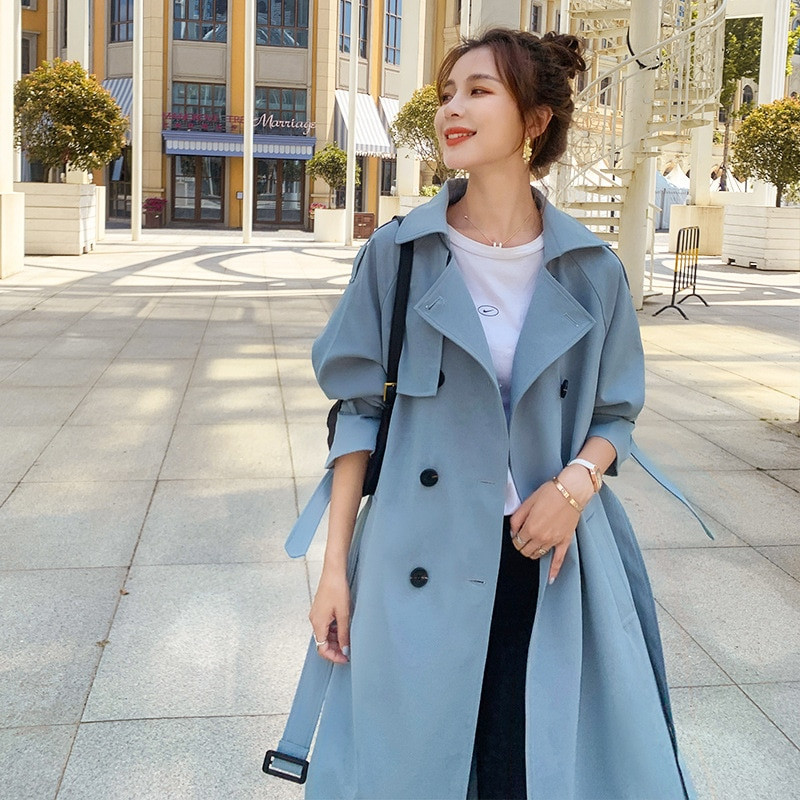2021. Ženski trenč kaput s otvorenim ovratnikom Plavi dugi trenč Femme Ženski jesenski dugi kaput s remenom Ulična odjeća