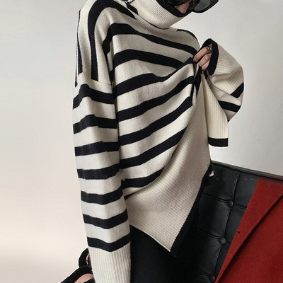 Γυναικείο πουλόβερ με ριγέ ζιβάγκο με σπαστό μακρύ μανίκι με φαρδιά μανίκια, γυναικεία πουλόβερ 2022 Casual πουλόβερ