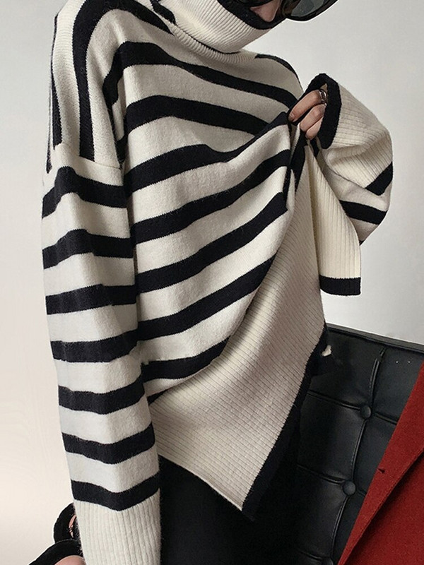 Γυναικείο πουλόβερ με ριγέ ζιβάγκο με σπαστό μακρύ μανίκι με φαρδιά μανίκια, γυναικεία πουλόβερ 2022 Casual πουλόβερ