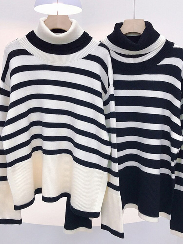 Γυναικείο πουλόβερ με ριγέ ζιβάγκο με σπαστό μακρύ μανίκι με φαρδιά μανίκια, γυναικεία πουλόβερ 2022 Casual πουλόβερ