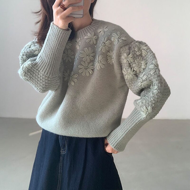 Sieviešu ikdienišķa korejiešu adīšana džemperis Ziedi Izšuvumi apaļš kakls ar garām piedurknēm Vintage modes somas sieviešu topi rudens