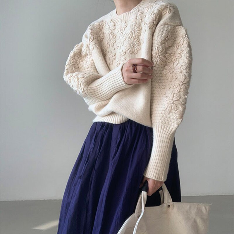 Sieviešu ikdienišķa korejiešu adīšana džemperis Ziedi Izšuvumi apaļš kakls ar garām piedurknēm Vintage modes somas sieviešu topi rudens