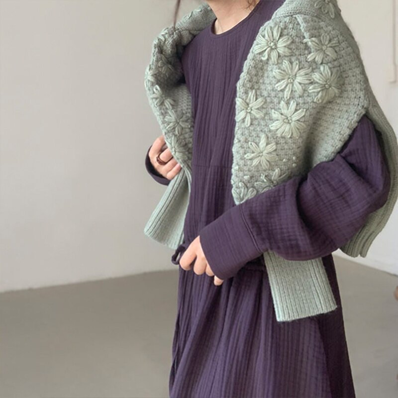 Sieviešu ikdienišķa korejiešu adīšana džemperis Ziedi Izšuvumi apaļš kakls ar garām piedurknēm Vintage modes somas sieviešu topi rudens