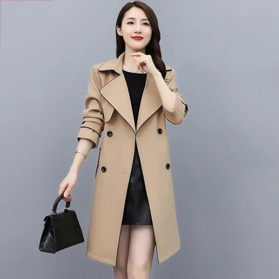 Augstas kvalitātes vidēja garuma melns mētelis Biroja mētelis sieviešu jostas vējjaka sievietēm ar dubulto rindu darba jaka Vetement Femme