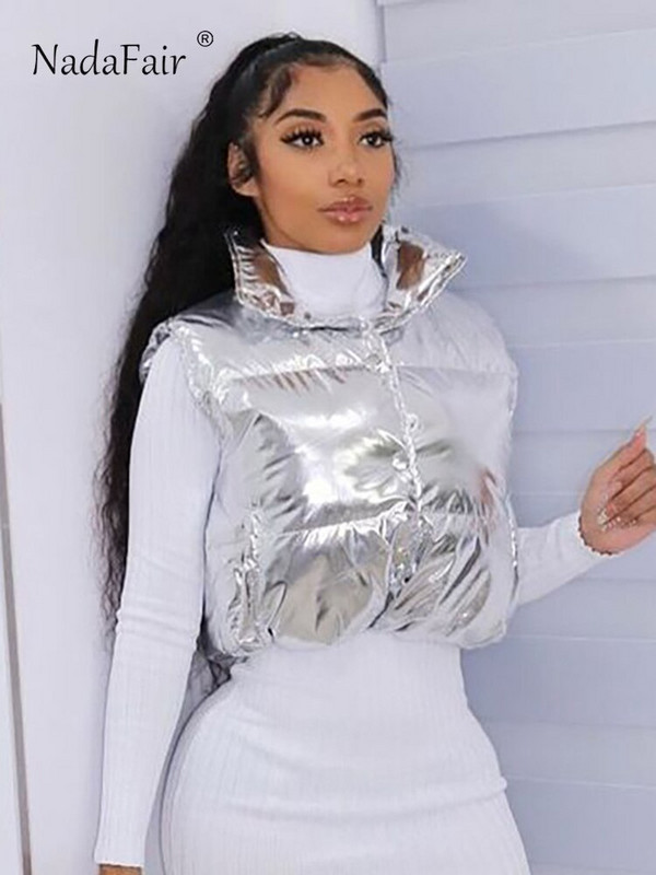 Nadafair Sieviešu Vest Crop Top Jaka Sudraba Y2K Rudens Ziemas Piedurknēm Ikdienas Mētelis 2022 Modes Apģērbi Ielu apģērbi