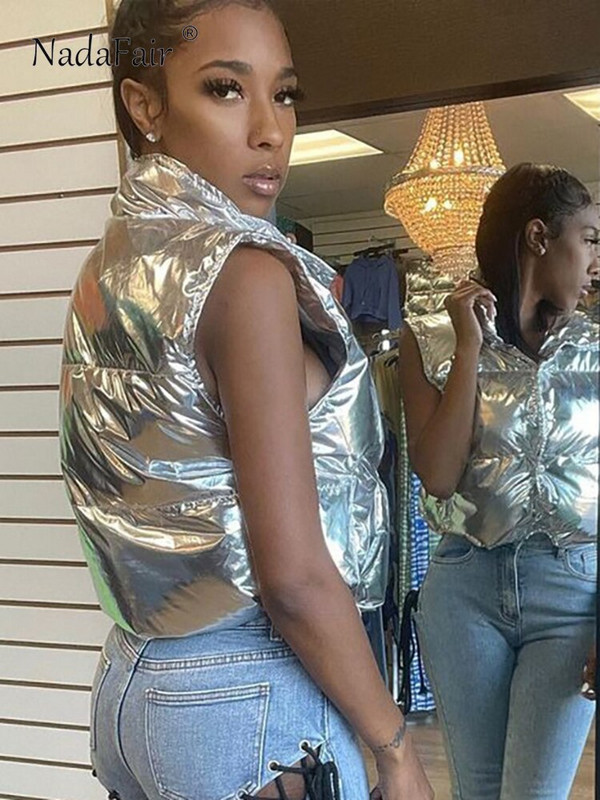 Nadafair Sieviešu Vest Crop Top Jaka Sudraba Y2K Rudens Ziemas Piedurknēm Ikdienas Mētelis 2022 Modes Apģērbi Ielu apģērbi