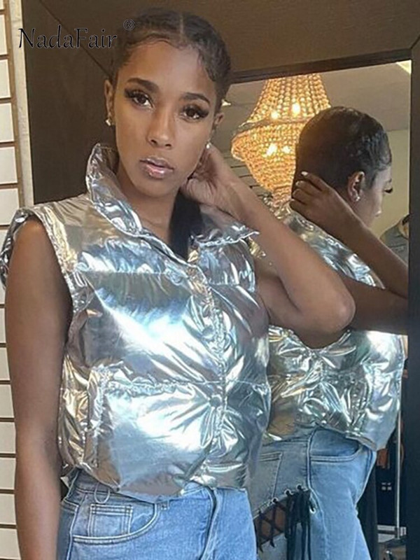 Nadafair Sieviešu Vest Crop Top Jaka Sudraba Y2K Rudens Ziemas Piedurknēm Ikdienas Mētelis 2022 Modes Apģērbi Ielu apģērbi