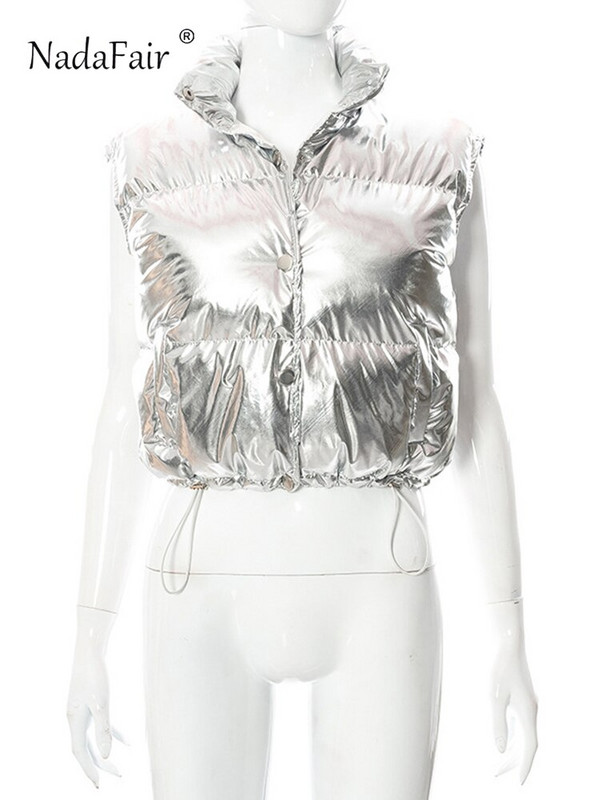 Nadafair Sieviešu Vest Crop Top Jaka Sudraba Y2K Rudens Ziemas Piedurknēm Ikdienas Mētelis 2022 Modes Apģērbi Ielu apģērbi