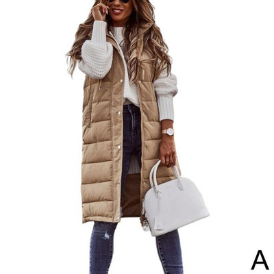 Ženski dugi zimski kaput, prsluk s kapuljačom, topli donji kaput bez rukava, džepovi, prošiveni prsluk, donja jakna, ženski prošiveni kaput za van