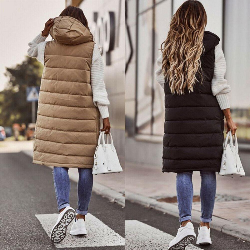 Ženski dugi zimski kaput, prsluk s kapuljačom, topli donji kaput bez rukava, džepovi, prošiveni prsluk, donja jakna, ženski prošiveni kaput za van