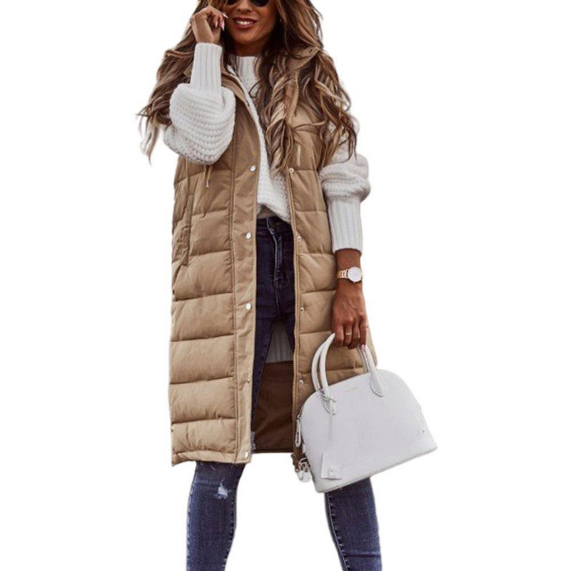 Ženski dugi zimski kaput, prsluk s kapuljačom, topli donji kaput bez rukava, džepovi, prošiveni prsluk, donja jakna, ženski prošiveni kaput za van