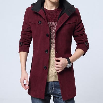 Meeste fliisist kapuutsiga paks villane talvemantel 2022 uhiuus pikk villane mantel Meeste vabaaja mantel eemaldatava kapuutsiga