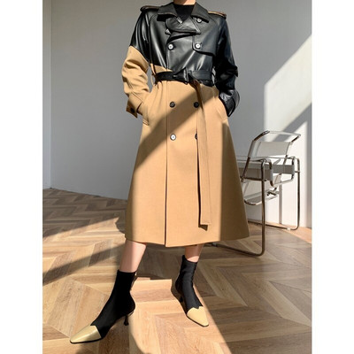 Neregulāri savārstījuma mēteļi sievietēm Temperaments Slim mētelis Sieviešu Rudens Ziemas Kontrastkrāsa PU Ādas Garš mētelis