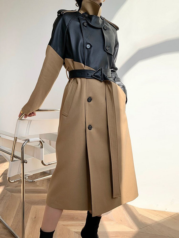 Neregulāri savārstījuma mēteļi sievietēm Temperaments Slim mētelis Sieviešu Rudens Ziemas Kontrastkrāsa PU Ādas Garš mētelis