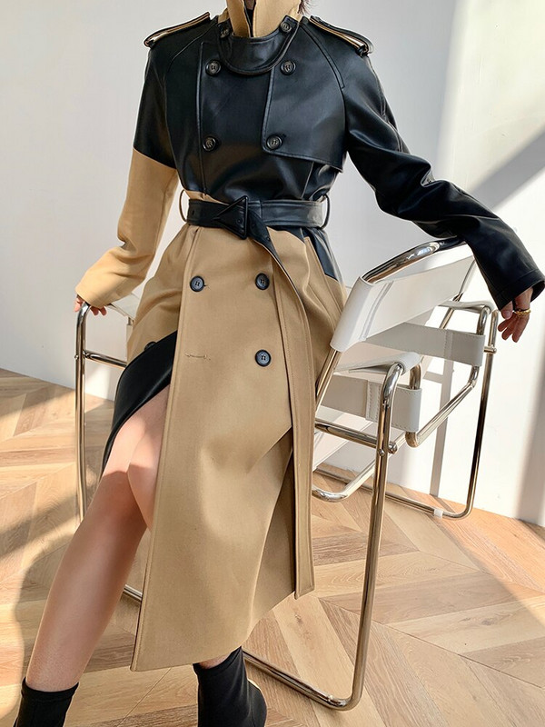 Neregulāri savārstījuma mēteļi sievietēm Temperaments Slim mētelis Sieviešu Rudens Ziemas Kontrastkrāsa PU Ādas Garš mētelis