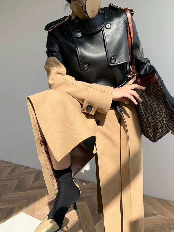 Neregulāri savārstījuma mēteļi sievietēm Temperaments Slim mētelis Sieviešu Rudens Ziemas Kontrastkrāsa PU Ādas Garš mētelis