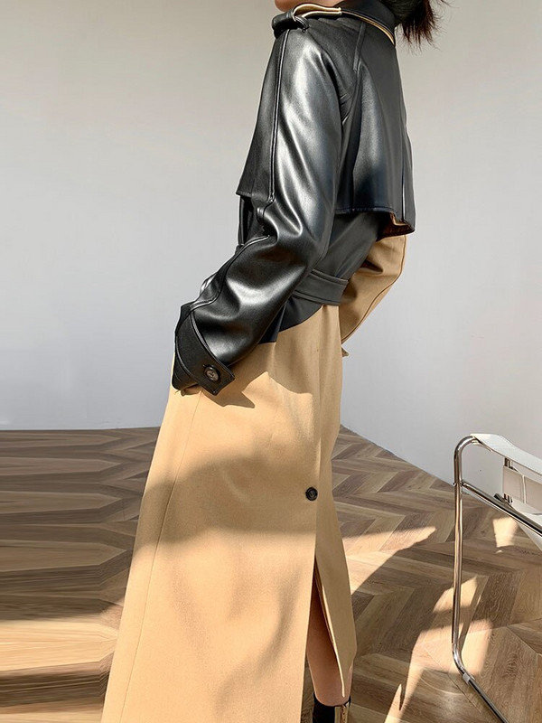 Neregulāri savārstījuma mēteļi sievietēm Temperaments Slim mētelis Sieviešu Rudens Ziemas Kontrastkrāsa PU Ādas Garš mētelis