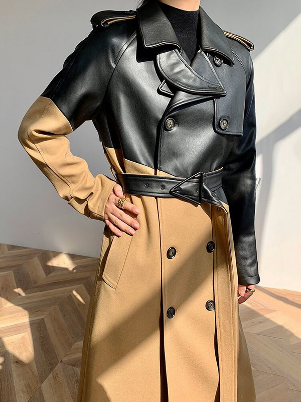 Neregulāri savārstījuma mēteļi sievietēm Temperaments Slim mētelis Sieviešu Rudens Ziemas Kontrastkrāsa PU Ādas Garš mētelis