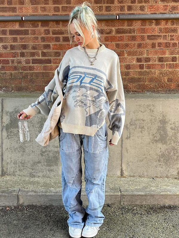 Ženski pulover Džemper Kreativna pletena ulična odjeća Ženska prekomjerna pletenina s O izrezom Ženska modna majica dugih rukava Pull Femme