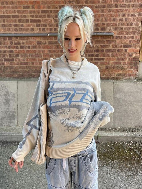 Ženski pulover Džemper Kreativna pletena ulična odjeća Ženska prekomjerna pletenina s O izrezom Ženska modna majica dugih rukava Pull Femme