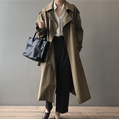 Trenci lung haine pentru femei Elegant High Street Spărgătoare de vânt cu două piept pentru femeie largi Vintage oversized trench Q4755