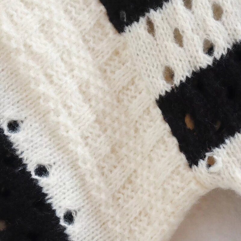 SLTNX Φθινοπωρινή χειμερινή μόδα Γυναικεία πουλόβερ με κούφια πουλόβερ μαύρο λευκό ριγέ μακρυμάνικο με λαιμόκοψη Πλεκτό πουλόβερ Lady Loose Top