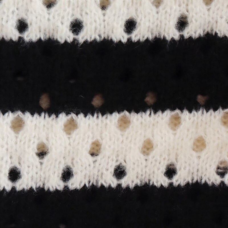 SLTNX Φθινοπωρινή χειμερινή μόδα Γυναικεία πουλόβερ με κούφια πουλόβερ μαύρο λευκό ριγέ μακρυμάνικο με λαιμόκοψη Πλεκτό πουλόβερ Lady Loose Top