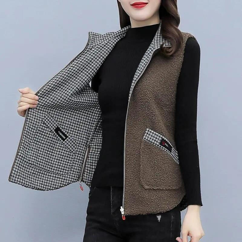 Sieviešu jēra kašmira veste, 2021. gada jauna pavasara veste, virsdrēbes, sieviešu īss mētelis, sieviešu divpusēja veste, rūtainā jaka