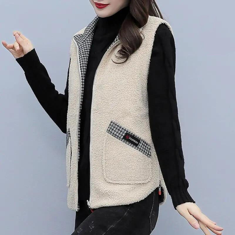 Sieviešu jēra kašmira veste, 2021. gada jauna pavasara veste, virsdrēbes, sieviešu īss mētelis, sieviešu divpusēja veste, rūtainā jaka