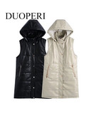 DUOPERI modes veste ar mākslīgās ādas kapuci, sieviešu veste gadījuma rakstura bezpiedurknēm PU jaka Eleganta dāmu ziemas siltie tērpi sievietēm