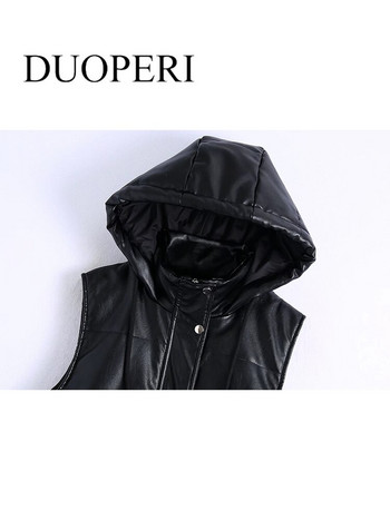 DUOPERI Fashion Hooded Faux Leather Μακρύ Γιλέκο Γυναικείο Casual Αμάνικο τζάκετ PU Chic Lady Χειμερινά ζεστά ρούχα Γυναικεία