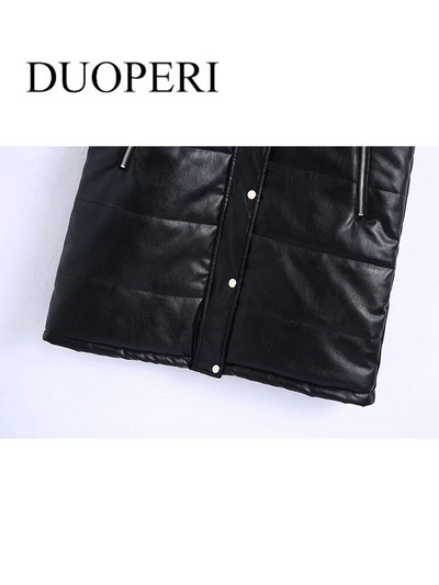 DUOPERI modes veste ar mākslīgās ādas kapuci, sieviešu veste gadījuma rakstura bezpiedurknēm PU jaka Eleganta dāmu ziemas siltie tērpi sievietēm