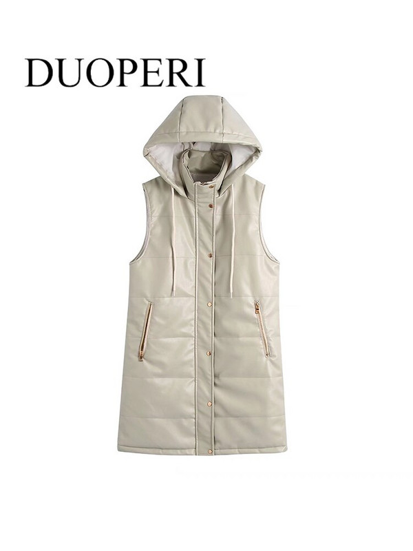 DUOPERI modes veste ar mākslīgās ādas kapuci, sieviešu veste gadījuma rakstura bezpiedurknēm PU jaka Eleganta dāmu ziemas siltie tērpi sievietēm