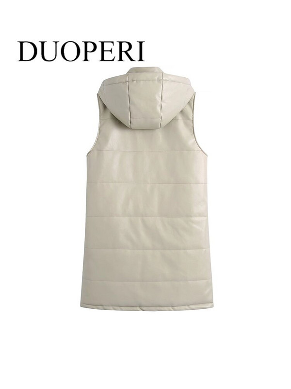 DUOPERI modes veste ar mākslīgās ādas kapuci, sieviešu veste gadījuma rakstura bezpiedurknēm PU jaka Eleganta dāmu ziemas siltie tērpi sievietēm