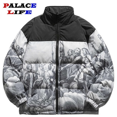 Zimska deblja topla podstavljena parka za muškarce Patchwork Vintage mural Print Down jakna Streetwear Harajuku oversize kaput Unisex Outwear