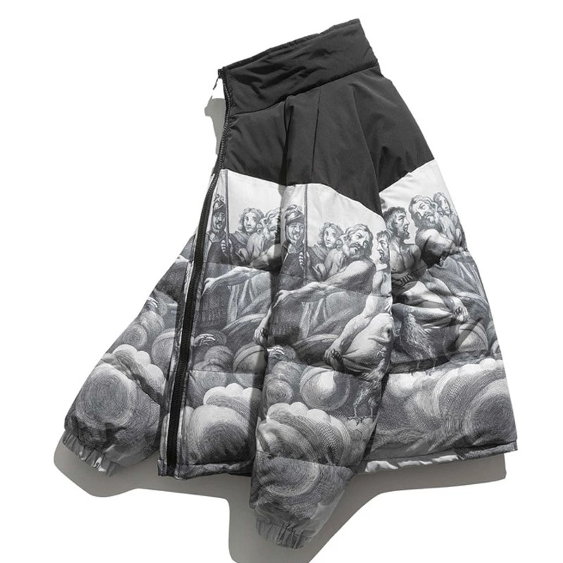Zimska deblja topla podstavljena parka za muškarce Patchwork Vintage mural Print Down jakna Streetwear Harajuku oversize kaput Unisex Outwear