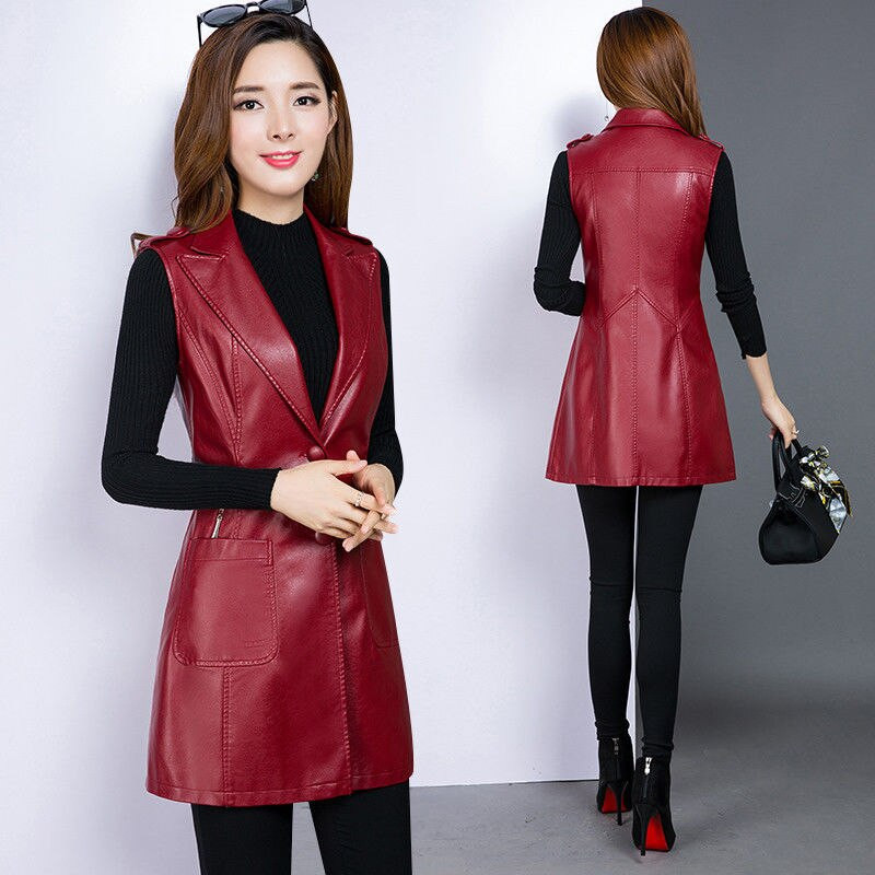 Proljetno-jesenski ženski kožni prsluk srednje dužine s jednim kopčanjem, ženski, novi prsluk 2022.