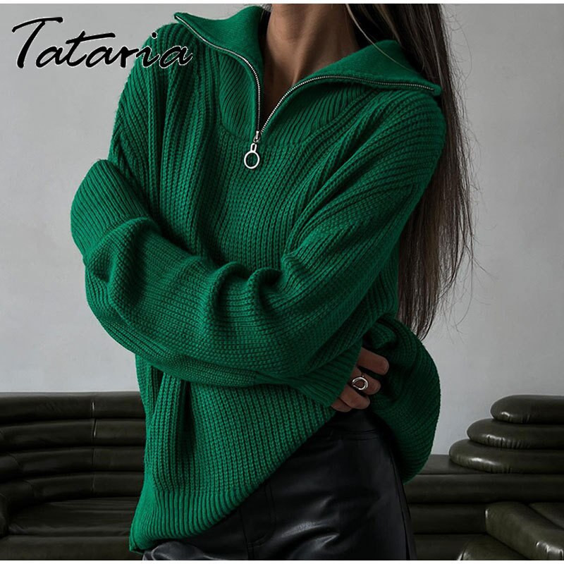 Zimski džemperi s dolčevitom i ovratnikom s patentnim zatvaračem Zeleni pleteni puloveri Gornji debeli topli Sotf ženski pulover s velikim ovratnikom Novo