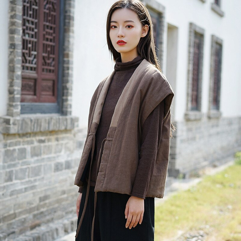 Johnature Sieviešu 2020. gada ziema Jaunas kokvilnas un lina retro vestes ķīniešu stila siltas drānas Sieviešu jakas jostas vestes, mēteļi