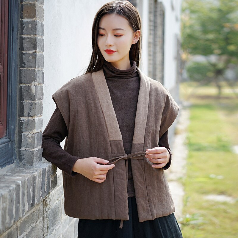 Johnature Sieviešu 2020. gada ziema Jaunas kokvilnas un lina retro vestes ķīniešu stila siltas drānas Sieviešu jakas jostas vestes, mēteļi