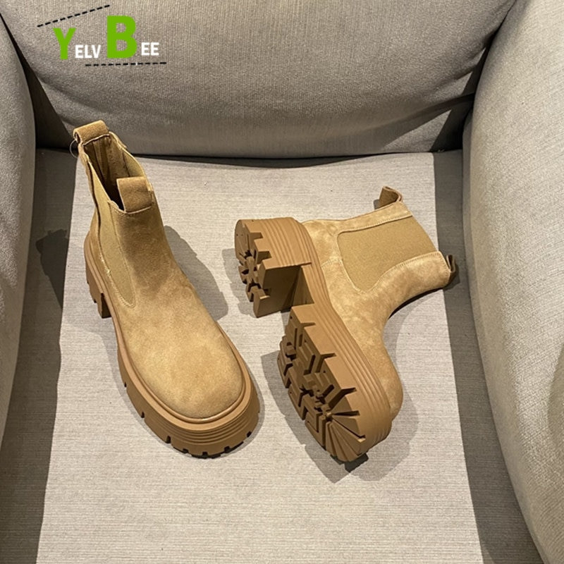 Ziemas silti Chelsea vidēja papēža sieviešu zābaki, 2022. gada jauni kupli, neslīdoši zamšādas potītes sieviešu apavi Motocikls Goth Femme Botas