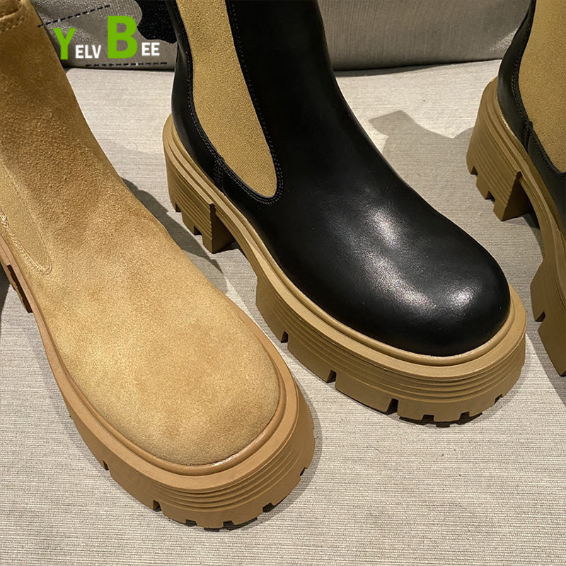 Ziemas silti Chelsea vidēja papēža sieviešu zābaki, 2022. gada jauni kupli, neslīdoši zamšādas potītes sieviešu apavi Motocikls Goth Femme Botas