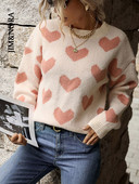 JIM & NORA Sieviešu rudens garās piedurknes ar apaļu kakla izgriezumu, sirds apdruka, trikotāžas džemperis, dāmu rozā ikdienas brīvs džemperis, modes sieviešu topi