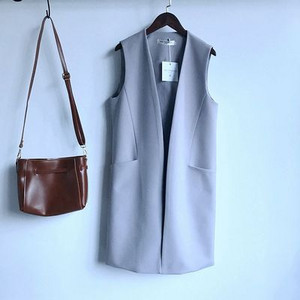 Ležerni crni ženski prsluk Proljetni elegantni dugi kaput Ženski kardigan s džepom V-izreza Prsluk veće veličine Ženska jakna bez rukava