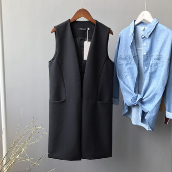 Casual μαύρο γυναικείο γιλέκο άνοιξη κομψό μακρύ παλτό Γυναικεία ζακέτα με λαιμόκοψη V τσέπη συν μέγεθος γιλέκο Γυναικείο αμάνικο μπουφάν