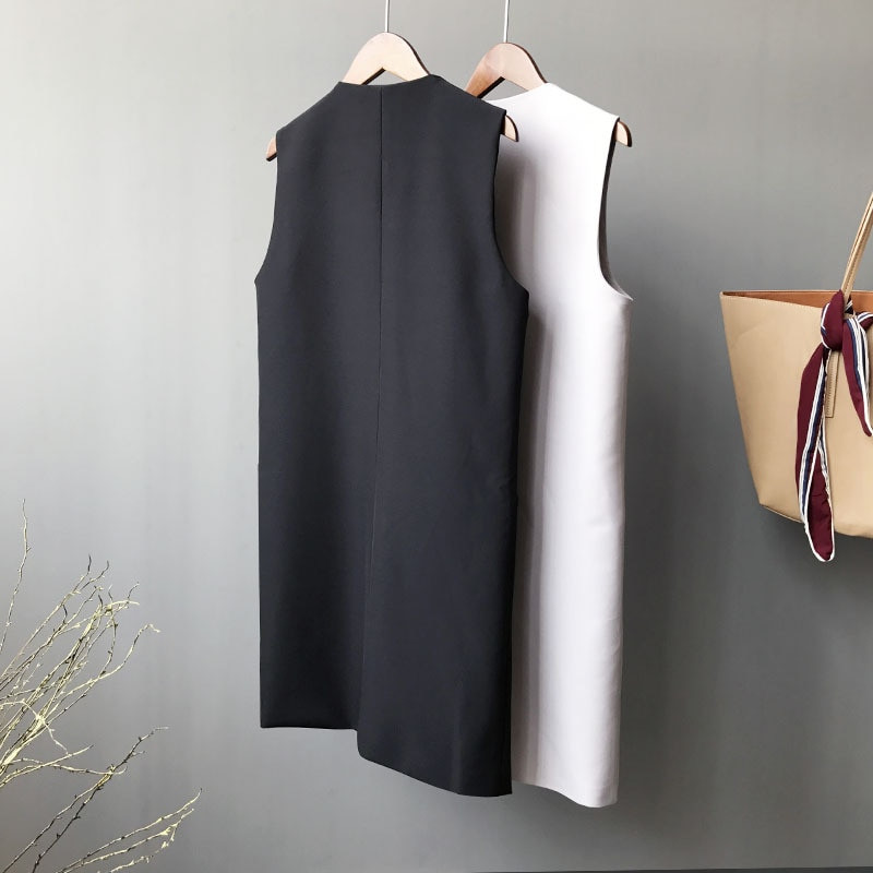 Ležerni crni ženski prsluk Proljetni elegantni dugi kaput Ženski kardigan s džepom V-izreza Prsluk veće veličine Ženska jakna bez rukava