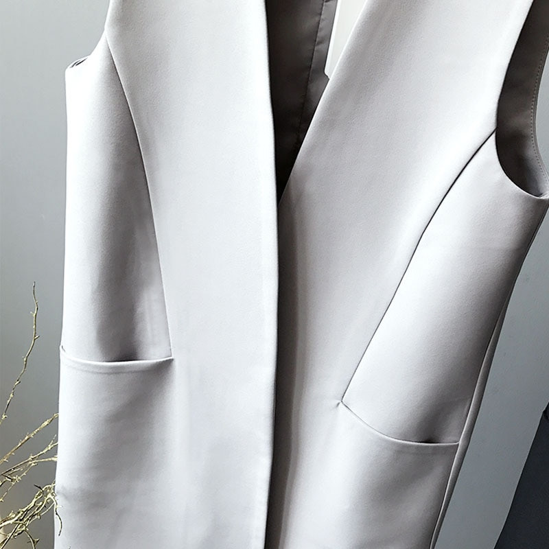 Ležerni crni ženski prsluk Proljetni elegantni dugi kaput Ženski kardigan s džepom V-izreza Prsluk veće veličine Ženska jakna bez rukava